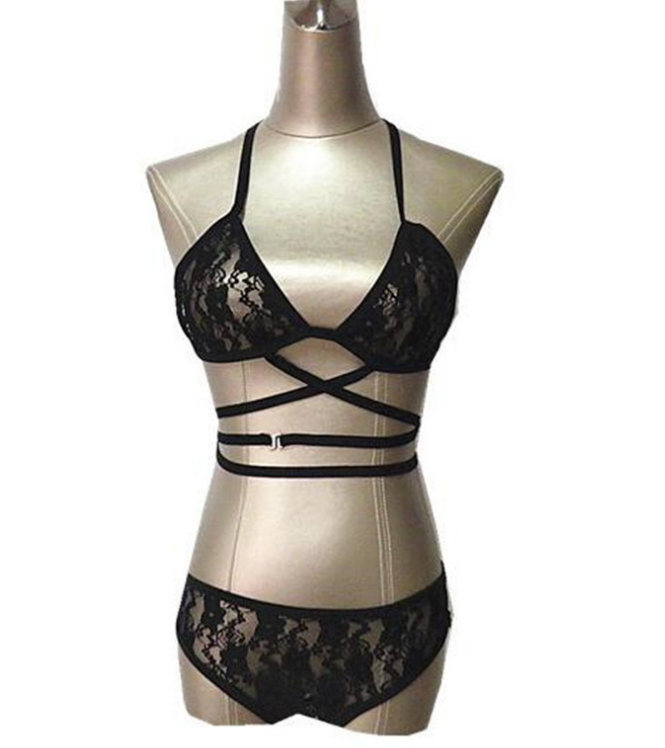 Midnight Allure Strappy Lace Set